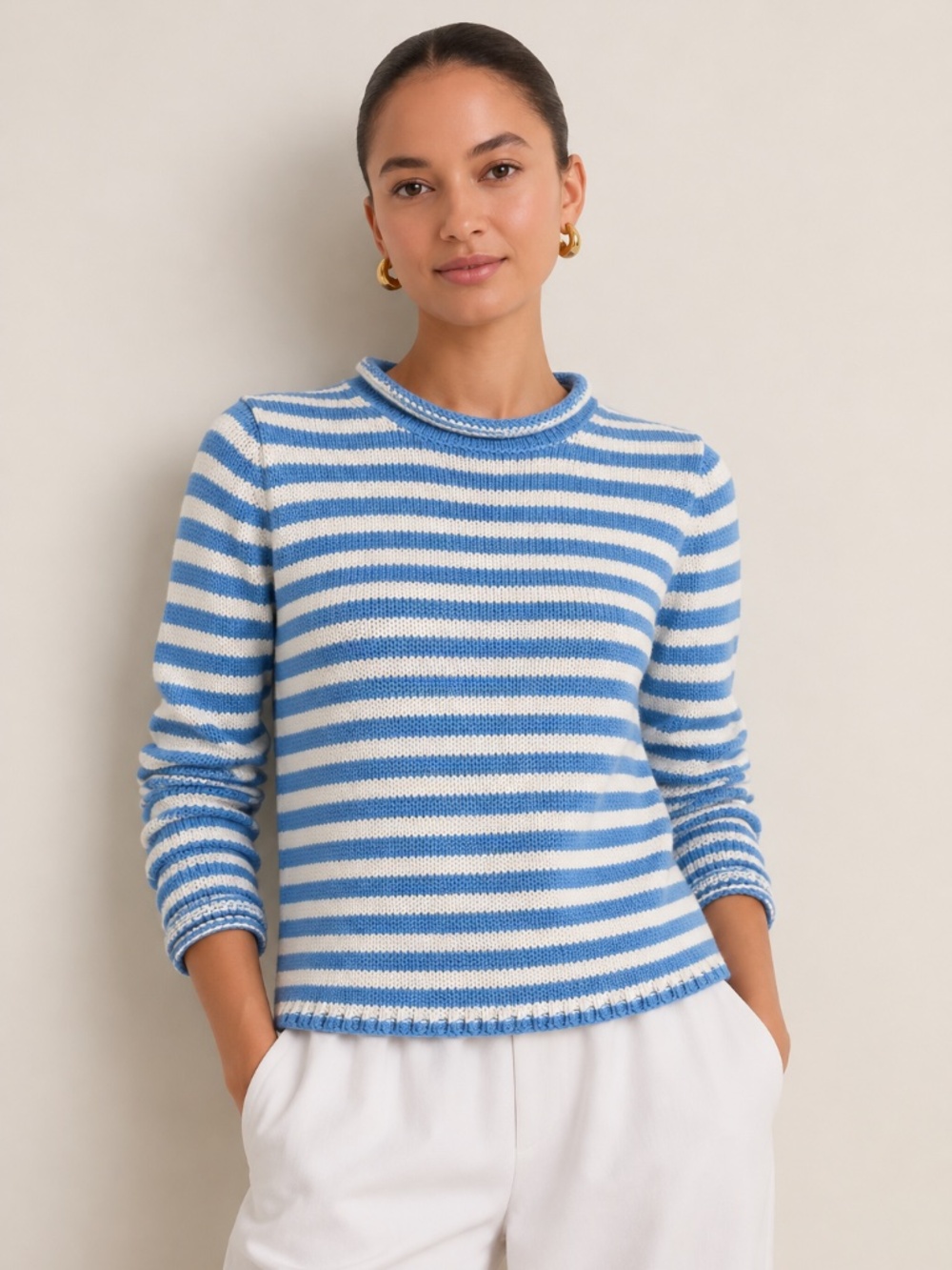 J.Crew Factory Blue White Striped Mock Neck Knit Sweater Preppy Coastal XS